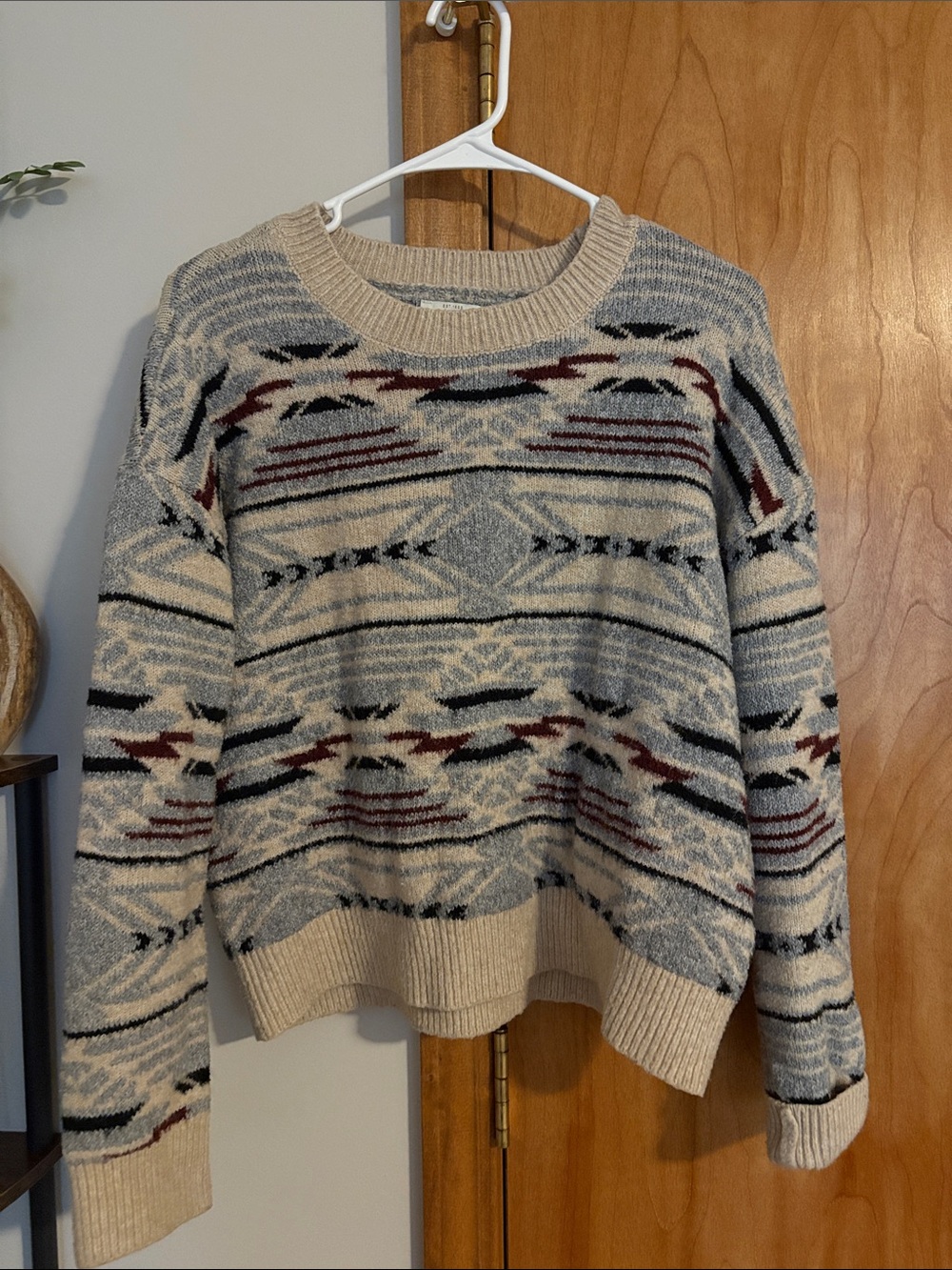 Lucky Brand Cream, Gray & Maroon Aztec Crewneck Sweater
